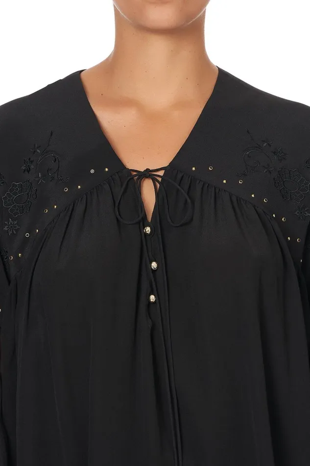Camilla Modest Clothing Women Blouson Blouse With Neck Tie Solid Black