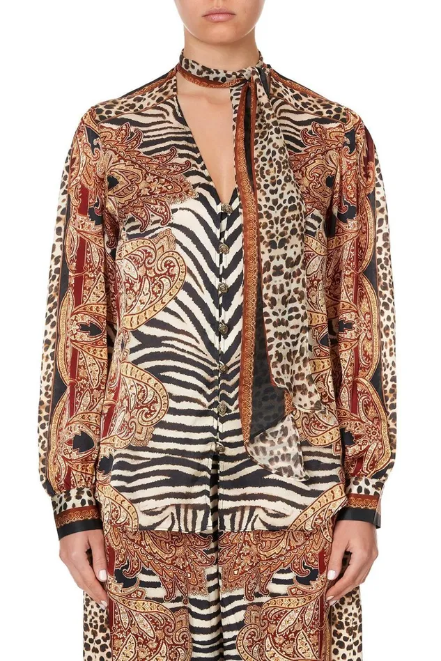 Camilla Tops Women Button Down Blouse With Necktie Wild Fire