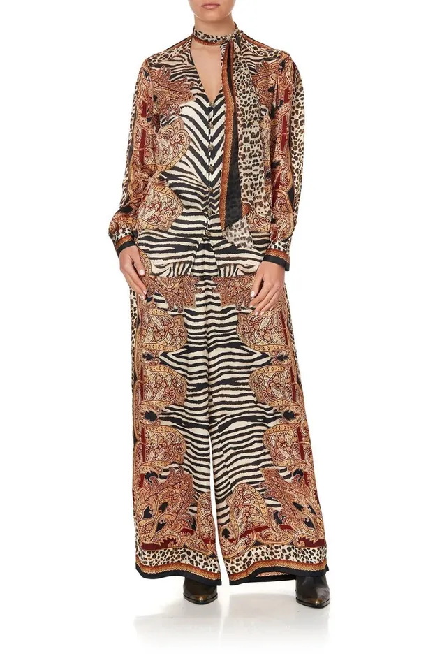 Camilla Tops Women Button Down Blouse With Necktie Wild Fire