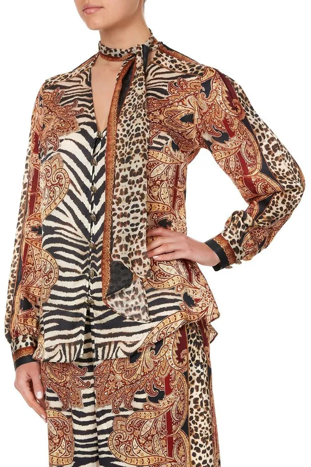 Camilla Tops Women Button Down Blouse With Necktie Wild Fire