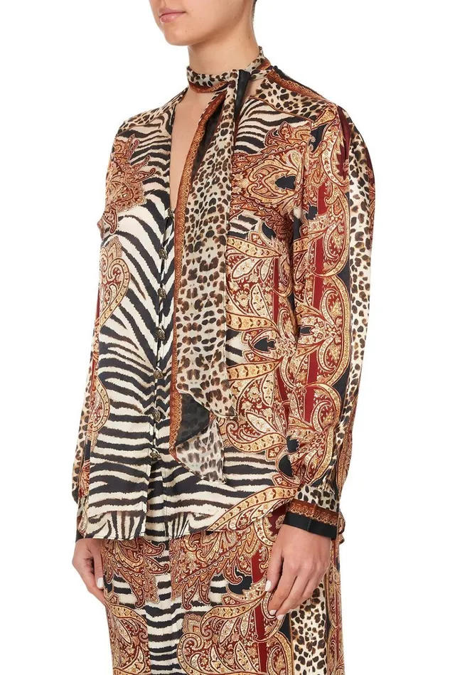 Camilla Tops Women Button Down Blouse With Necktie Wild Fire