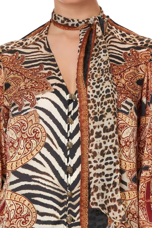 Camilla Tops Women Button Down Blouse With Necktie Wild Fire