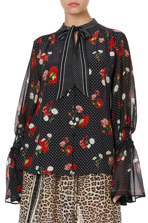 Camilla Tops Women Elastic Sleeve Tie Front Blouse Coastal Parisienne