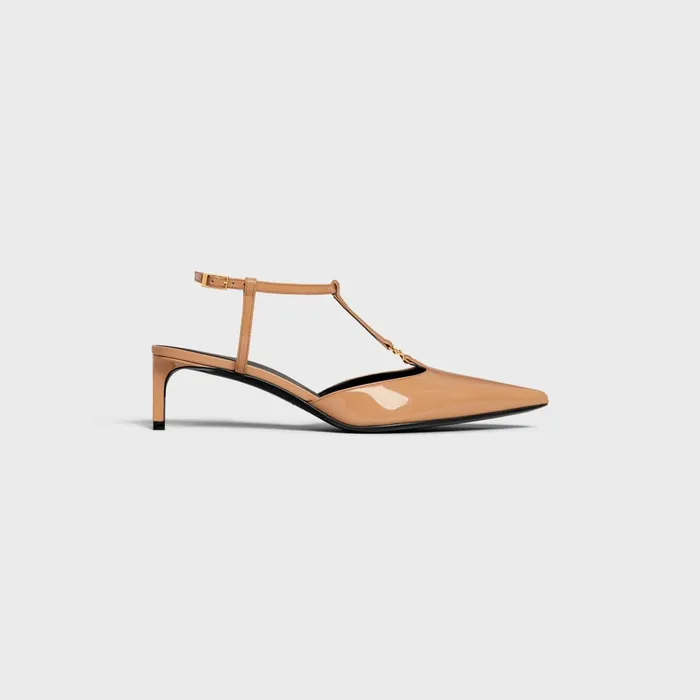 Celine Kitten Triomphe TBar Strap Pump In Patent Calfskin Cappuccino Women CELINE PUMPS