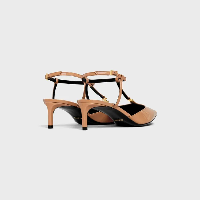 Celine Kitten Triomphe TBar Strap Pump In Patent Calfskin Cappuccino Women CELINE PUMPS