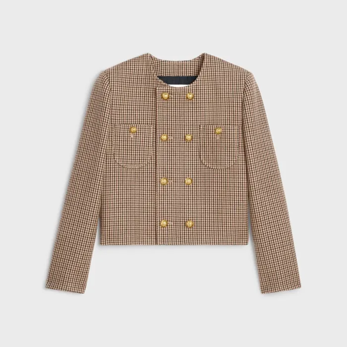 Chelsea Jacket In Double Houndstooth Wool Bordeaux Beige Black Women CELINE JACKETS Chelsea Jacket In Double Houndstooth Wool Bordeaux Beige Black Women CELINE JACKETS