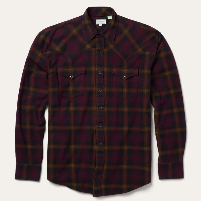 Classic Cut Men Stetson Black Wine Plaid Flannel Western Shirt Wine