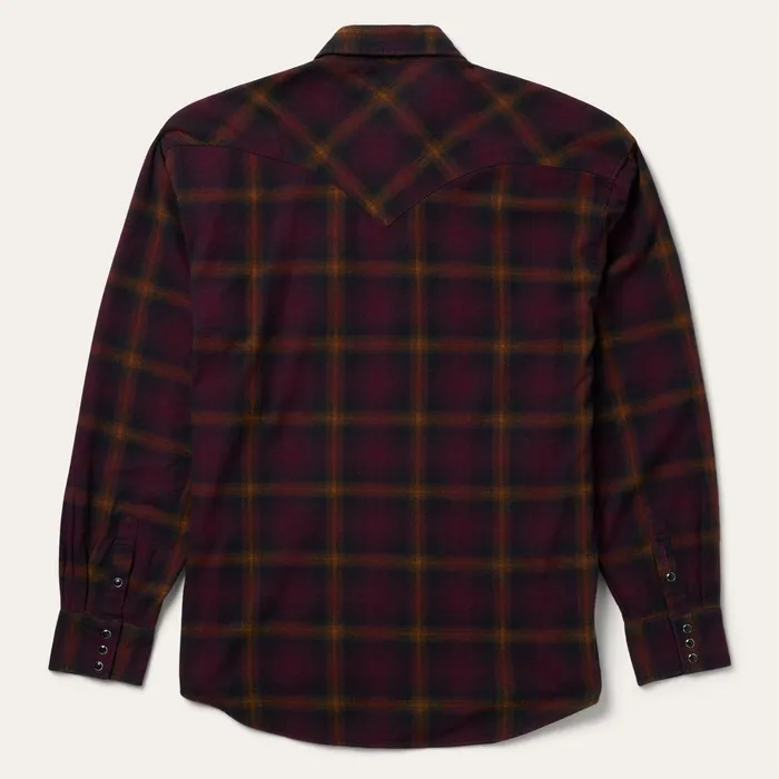 Classic Cut Men Stetson Black Wine Plaid Flannel Western Shirt Wine