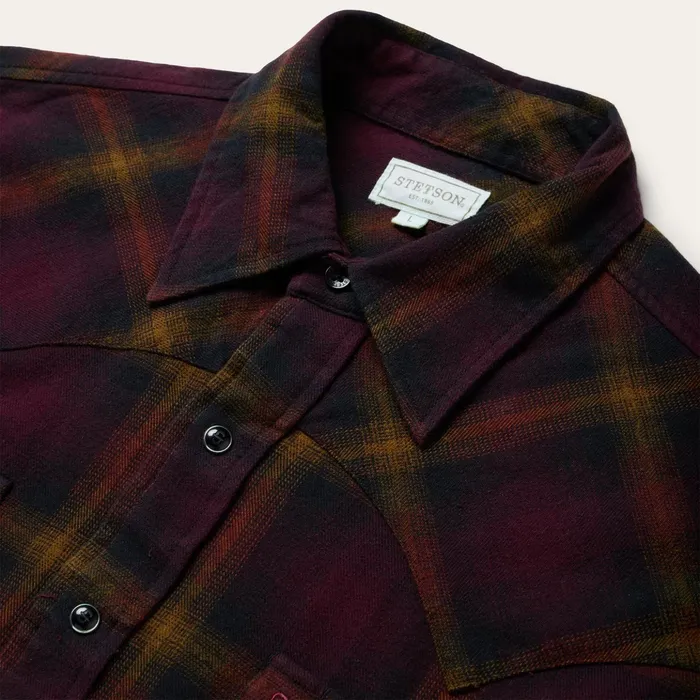 Classic Cut Men Stetson Black Wine Plaid Flannel Western Shirt Wine