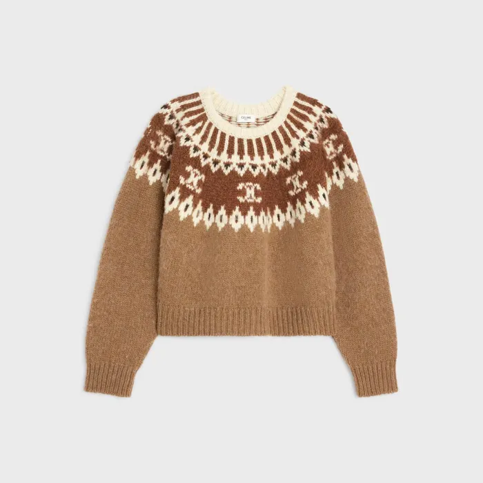 Crew Neck Sweater In Triomphe Fair Isle Wool Camel Women CELINE KNITWEAR
