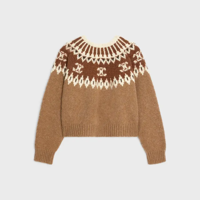 Crew Neck Sweater In Triomphe Fair Isle Wool Camel Women CELINE KNITWEAR