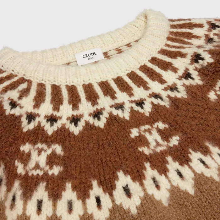 Crew Neck Sweater In Triomphe Fair Isle Wool Camel Women CELINE KNITWEAR