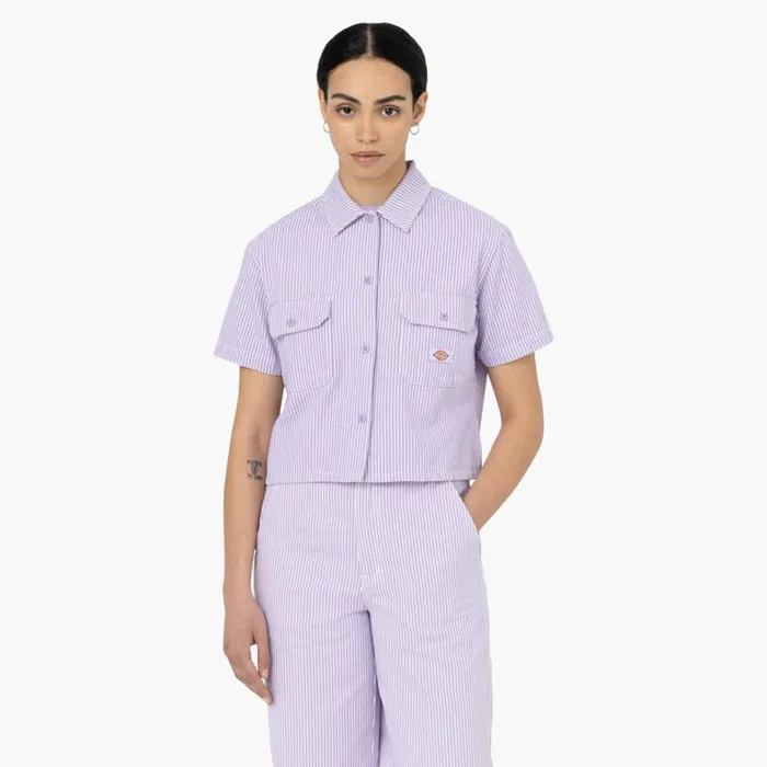 Dickies Button Up Women039s Hickory Stripe Cropped Work Shirt EcruLilac Ecrulilac eug 8211 Women Dickies Button Up Women039s Hickory Stripe Cropped Work Shirt EcruLilac Ecrulilac eug 8211 Women