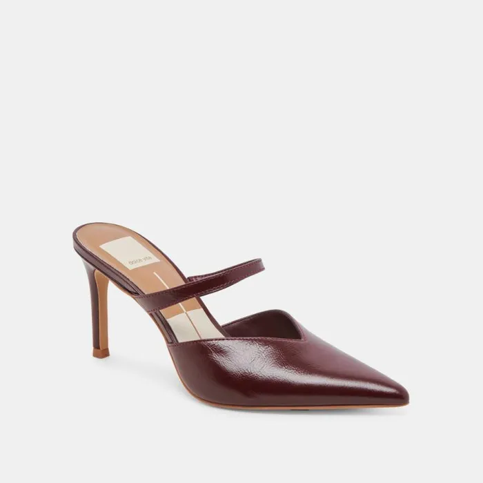 Dolce Vita Kanika Heels Burgundy Crinkle Patent Women Mules and Clogs