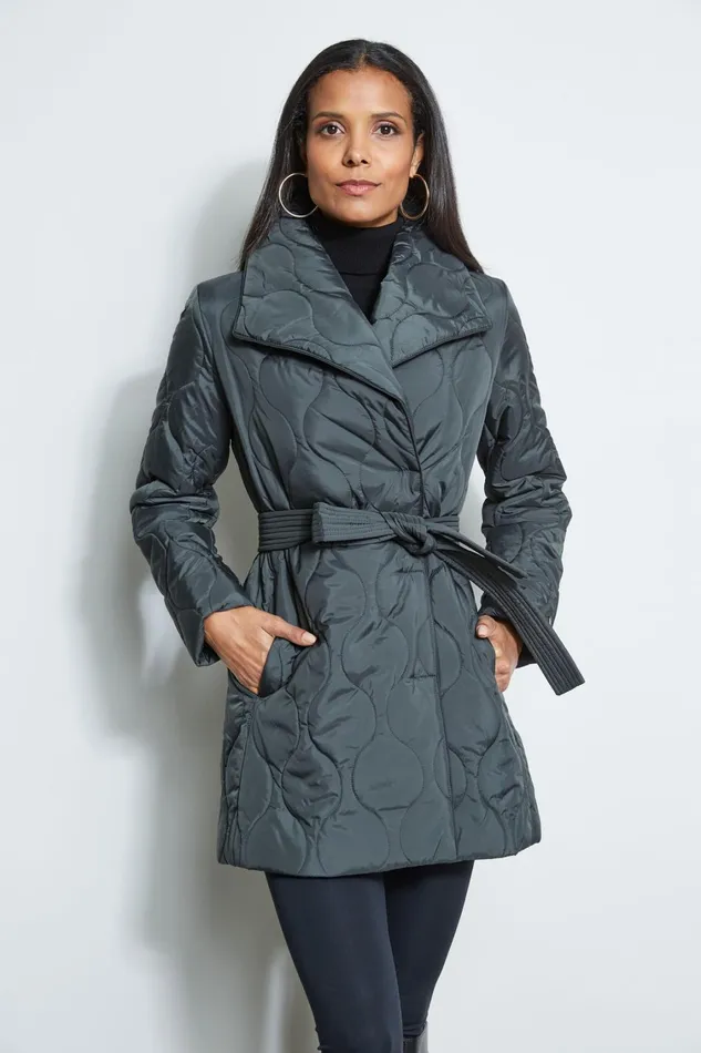 Elie Tahari Coats Tahari Lightweight Quilted Wrap Puffer Coat Olive 8211 Women