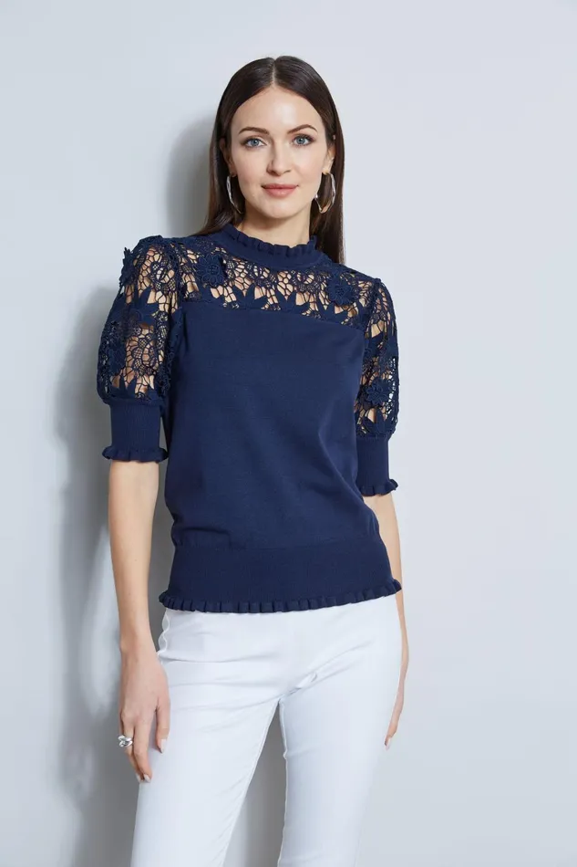 Elie Tahari Knits and Sweaters Crochet Inset Sweater Peacoat 8211 Women