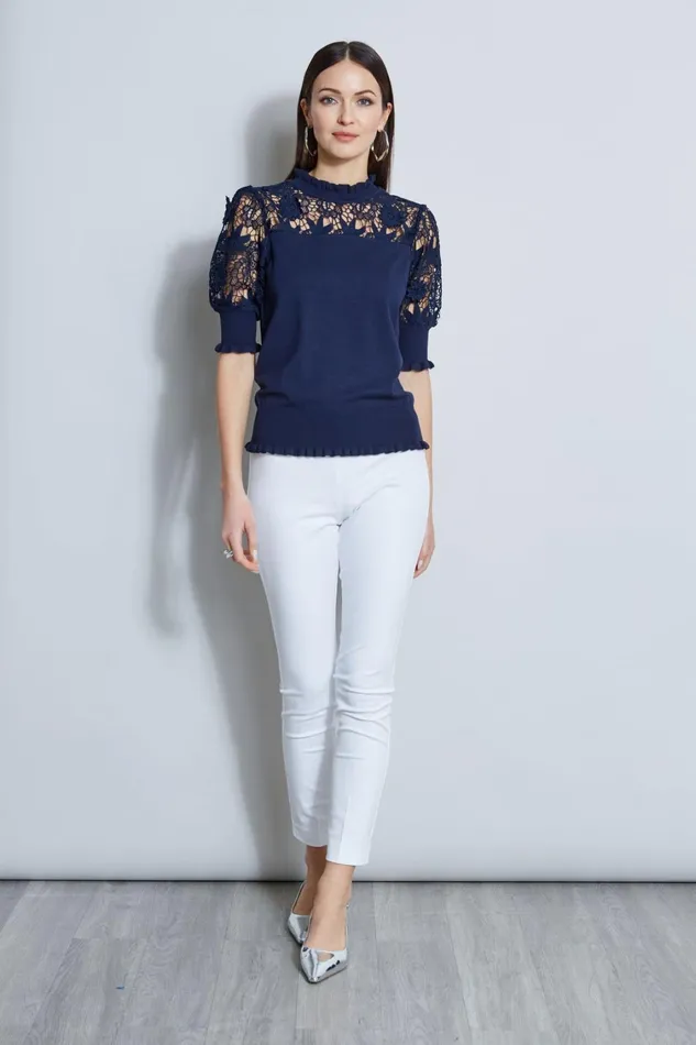 Elie Tahari Knits and Sweaters Crochet Inset Sweater Peacoat 8211 Women