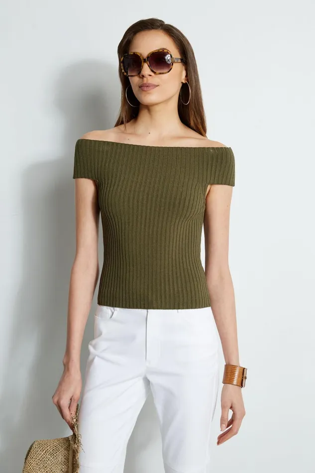 Elie Tahari Knits and Sweaters Off Shoulder Rib Sweater Tuscan Olive 8211 Women