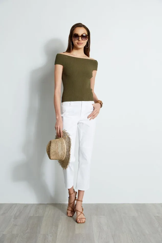 Elie Tahari Knits and Sweaters Off Shoulder Rib Sweater Tuscan Olive 8211 Women