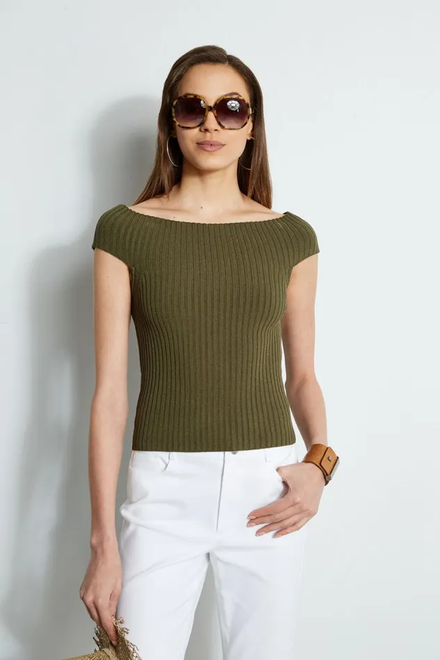 Elie Tahari Knits and Sweaters Off Shoulder Rib Sweater Tuscan Olive 8211 Women