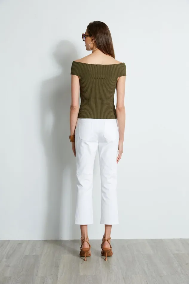 Elie Tahari Knits and Sweaters Off Shoulder Rib Sweater Tuscan Olive 8211 Women