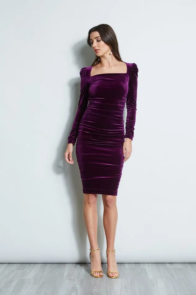 Elie Tahari Long Sleeve Dresses Ruched Velvet Square Neck Dress Plum 8211 Women Elie Tahari Long Sleeve Dresses Ruched Velvet Square Neck Dress Plum 8211 Women