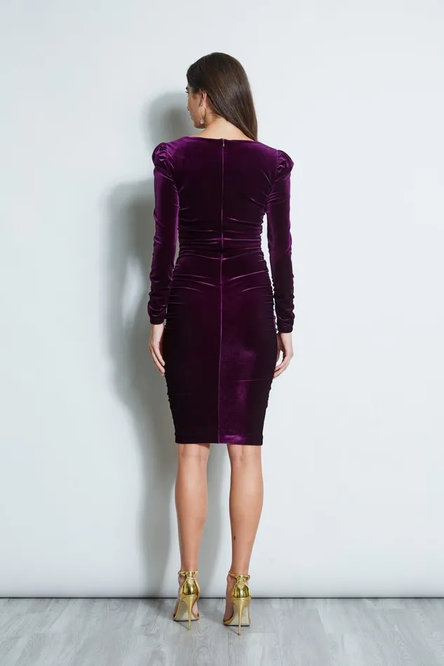 Elie Tahari Long Sleeve Dresses Ruched Velvet Square Neck Dress Plum 8211 Women