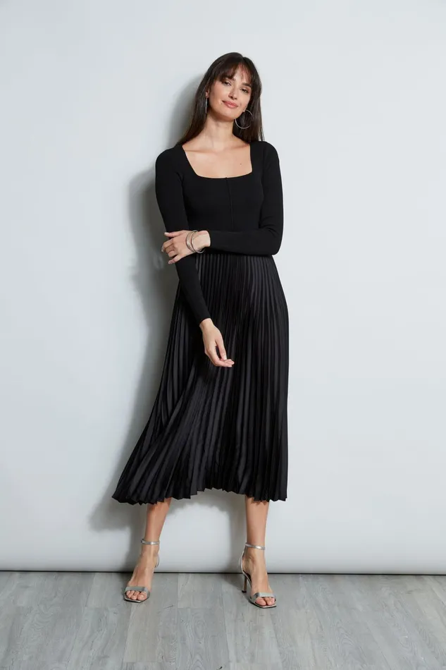 Elie Tahari Midi Dresses Square Neck Pleated Midi Dress Noir 8211 Women