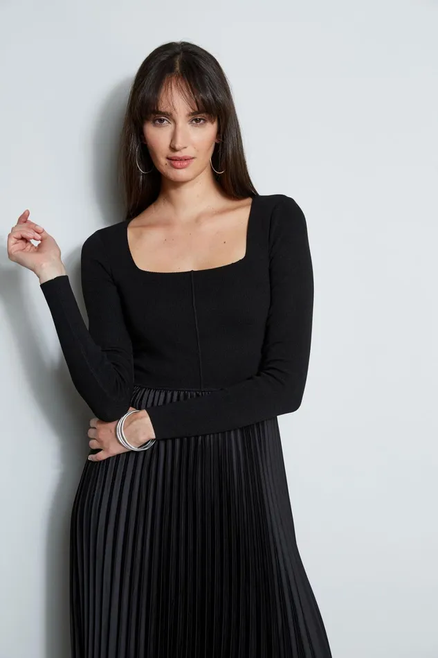 Elie Tahari Midi Dresses Square Neck Pleated Midi Dress Noir 8211 Women