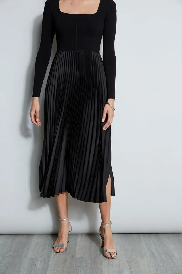Elie Tahari Midi Dresses Square Neck Pleated Midi Dress Noir 8211 Women
