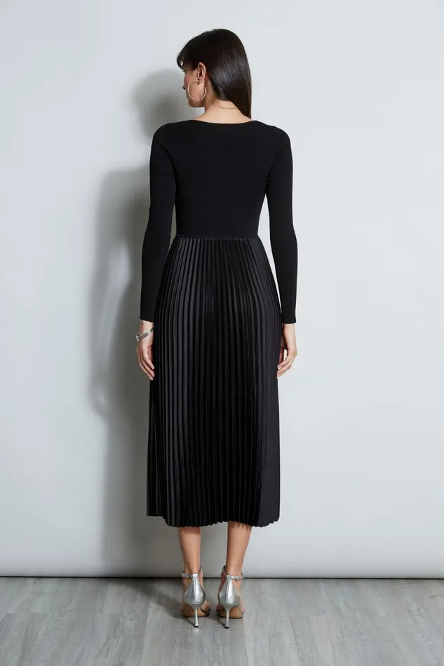 Elie Tahari Midi Dresses Square Neck Pleated Midi Dress Noir 8211 Women