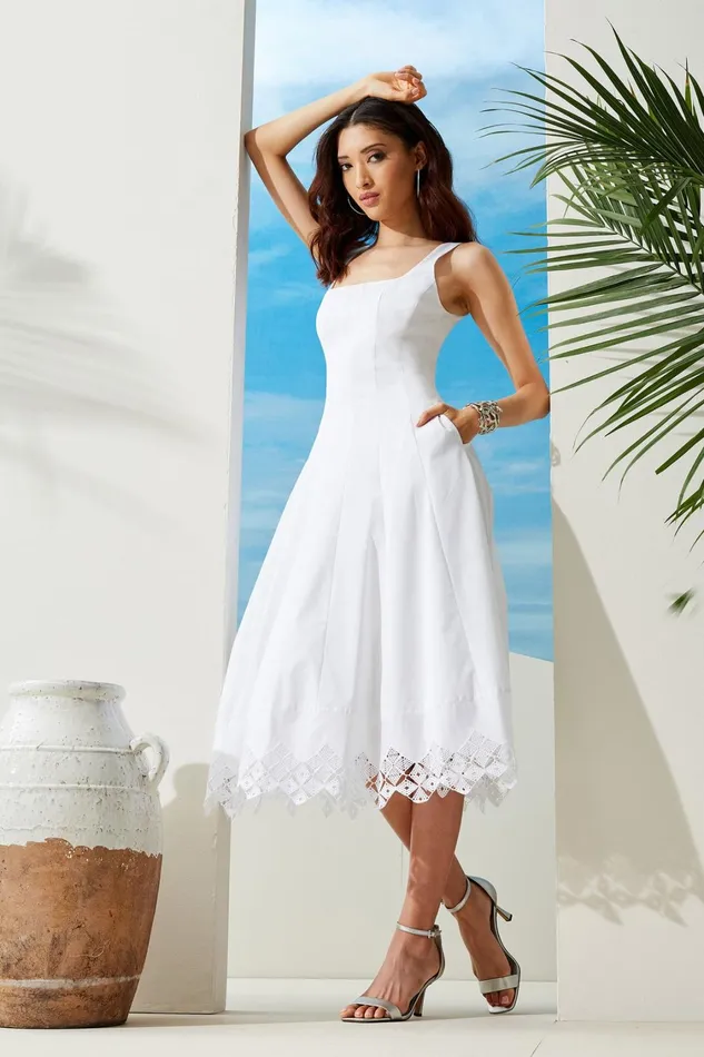 Elie Tahari Sleeveless Dresses Cotton Poplin Square Neck Dress White 8211 Women