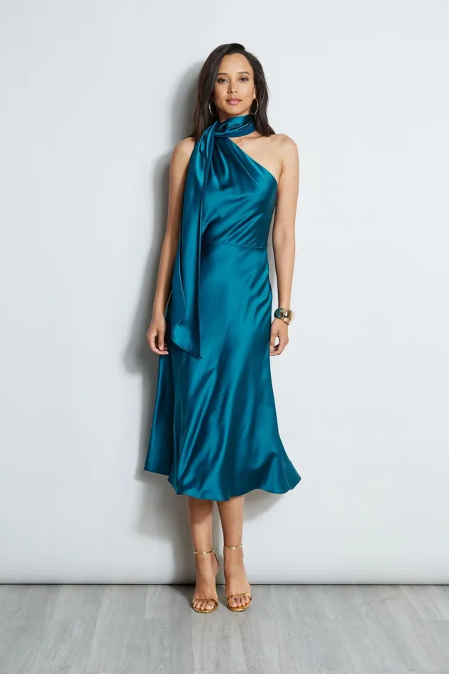 Elie Tahari Sleeveless Dresses One Shoulder Satin Scarf Dress Pacific Blue 8211 Women Elie Tahari Sleeveless Dresses One Shoulder Satin Scarf Dress Pacific Blue 8211 Women