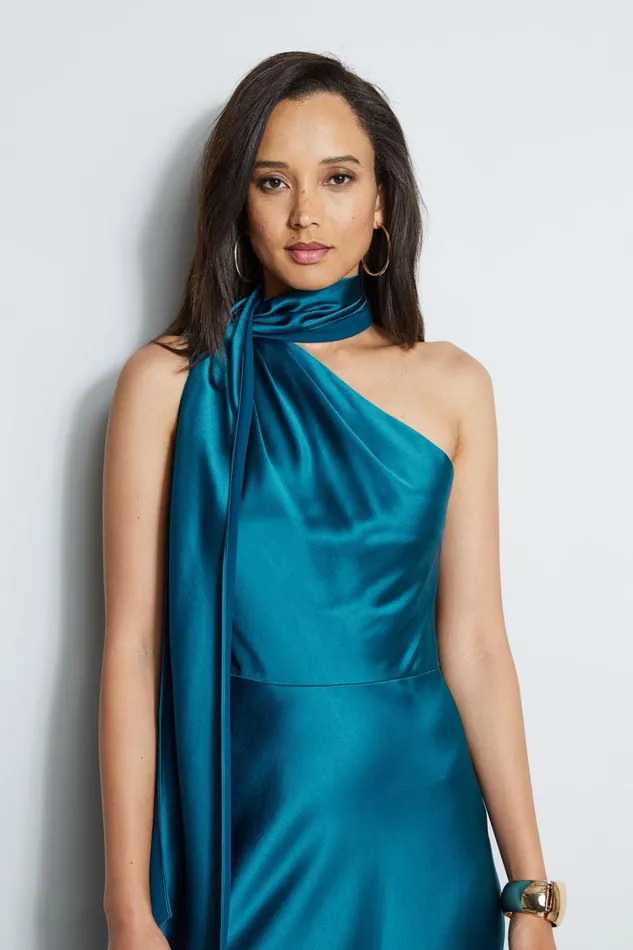 Elie Tahari Sleeveless Dresses One Shoulder Satin Scarf Dress Pacific Blue 8211 Women