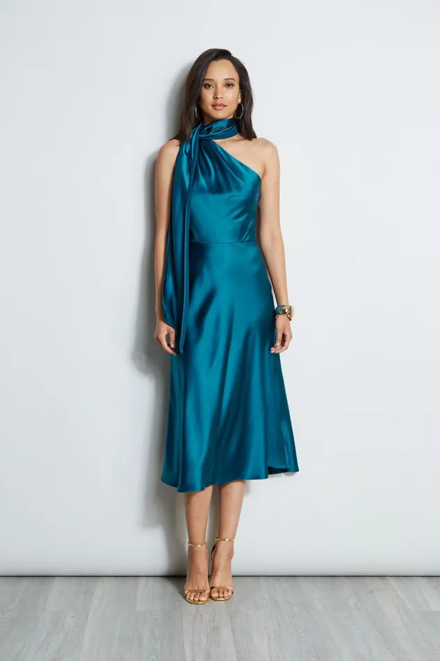 Elie Tahari Sleeveless Dresses One Shoulder Satin Scarf Dress Pacific Blue 8211 Women