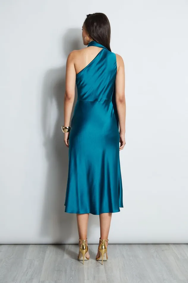 Elie Tahari Sleeveless Dresses One Shoulder Satin Scarf Dress Pacific Blue 8211 Women