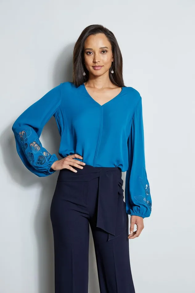 Elie Tahari Tops Embroidered Long Sleeve Shirt Pacific Blue 8211 Women