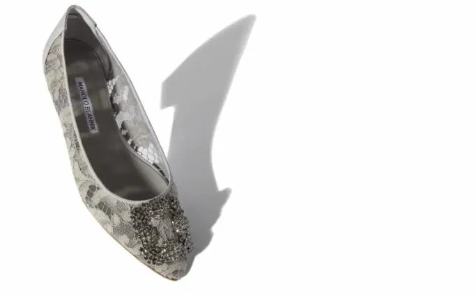 Flats Women Manolo Blahnik HANGISIFLAT LACEGrey Lace Jewel Buckle Flat Pumps