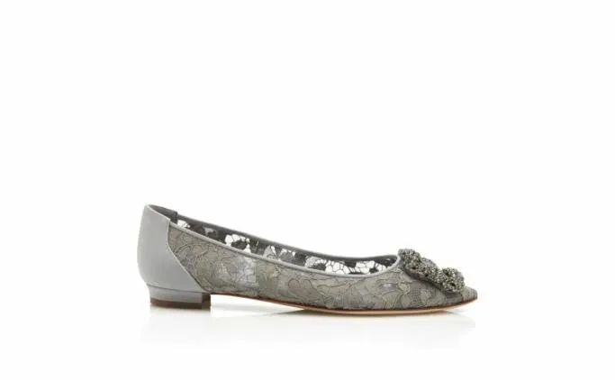 Flats Women Manolo Blahnik HANGISIFLAT LACEGrey Lace Jewel Buckle Flat Pumps Flats Women Manolo Blahnik HANGISIFLAT LACEGrey Lace Jewel Buckle Flat Pumps