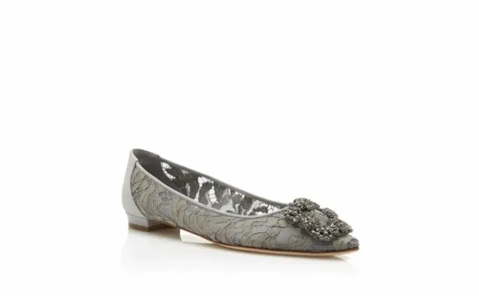 Flats Women Manolo Blahnik HANGISIFLAT LACEGrey Lace Jewel Buckle Flat Pumps Flats Women Manolo Blahnik HANGISIFLAT LACEGrey Lace Jewel Buckle Flat Pumps