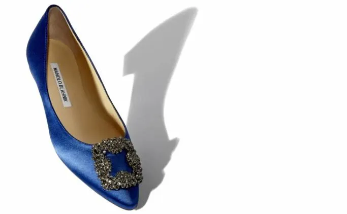 Flats Women Manolo Blahnik HANGISIFLATBlue Satin Jewel Buckle Flat Pumps