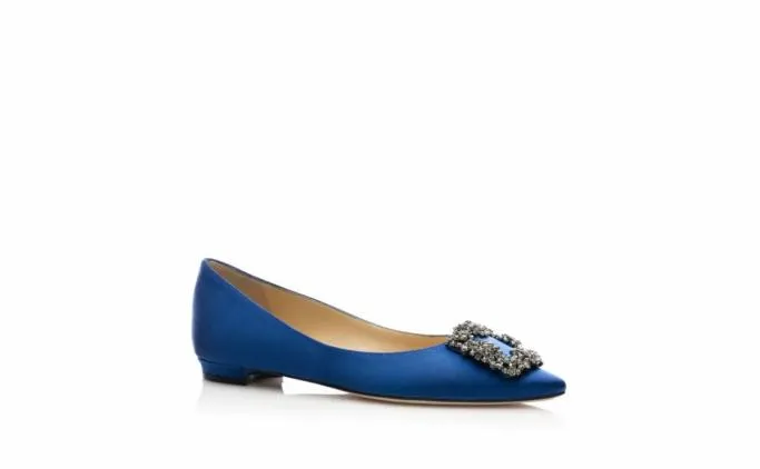 Flats Women Manolo Blahnik HANGISIFLATBlue Satin Jewel Buckle Flat Pumps Flats Women Manolo Blahnik HANGISIFLATBlue Satin Jewel Buckle Flat Pumps