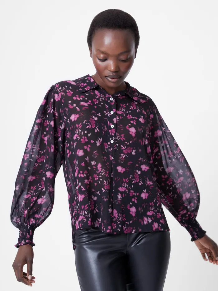 French Connection Aden Ruched Cuff Bishop Sleeve Top Black Woman Tops