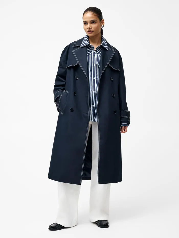 French Connection Afton Contrast Stitch Belted Trench Coat Navy Woman Coats and Jackets