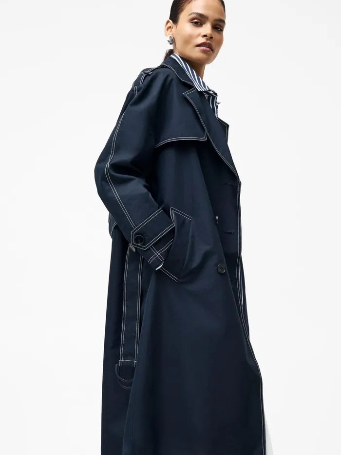 French Connection Afton Contrast Stitch Belted Trench Coat Navy Woman Coats and Jackets