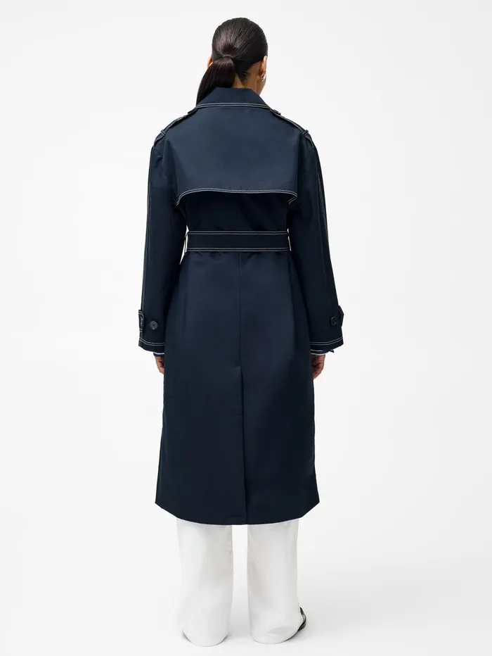 French Connection Afton Contrast Stitch Belted Trench Coat Navy Woman Coats and Jackets