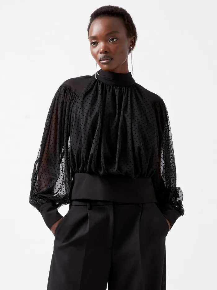 French Connection Alice Dobby Chiffon Mix Long Sleeve Top Blackout Woman Tops