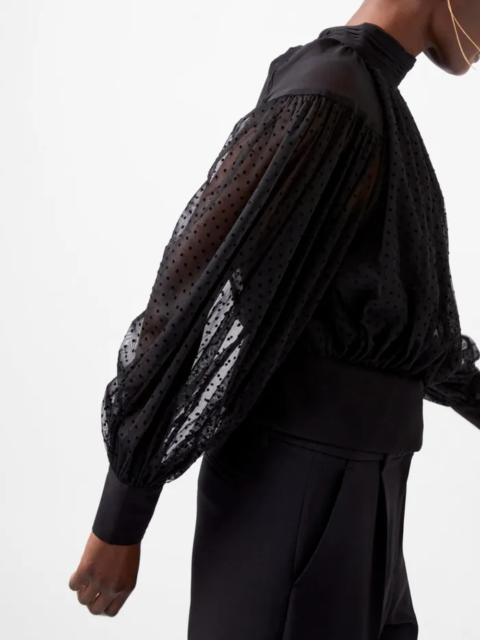 French Connection Alice Dobby Chiffon Mix Long Sleeve Top Blackout Woman Tops