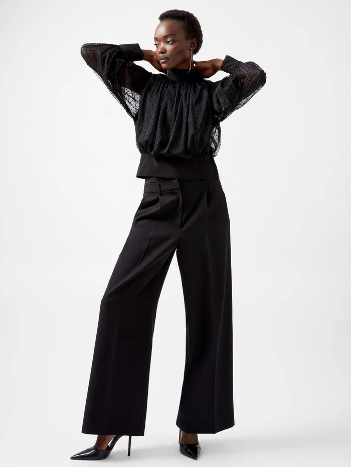 French Connection Alice Dobby Chiffon Mix Long Sleeve Top Blackout Woman Tops