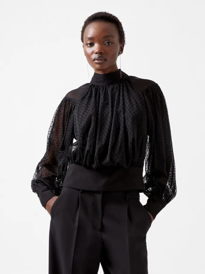French Connection Alice Dobby Chiffon Mix Long Sleeve Top Blackout Woman Tops